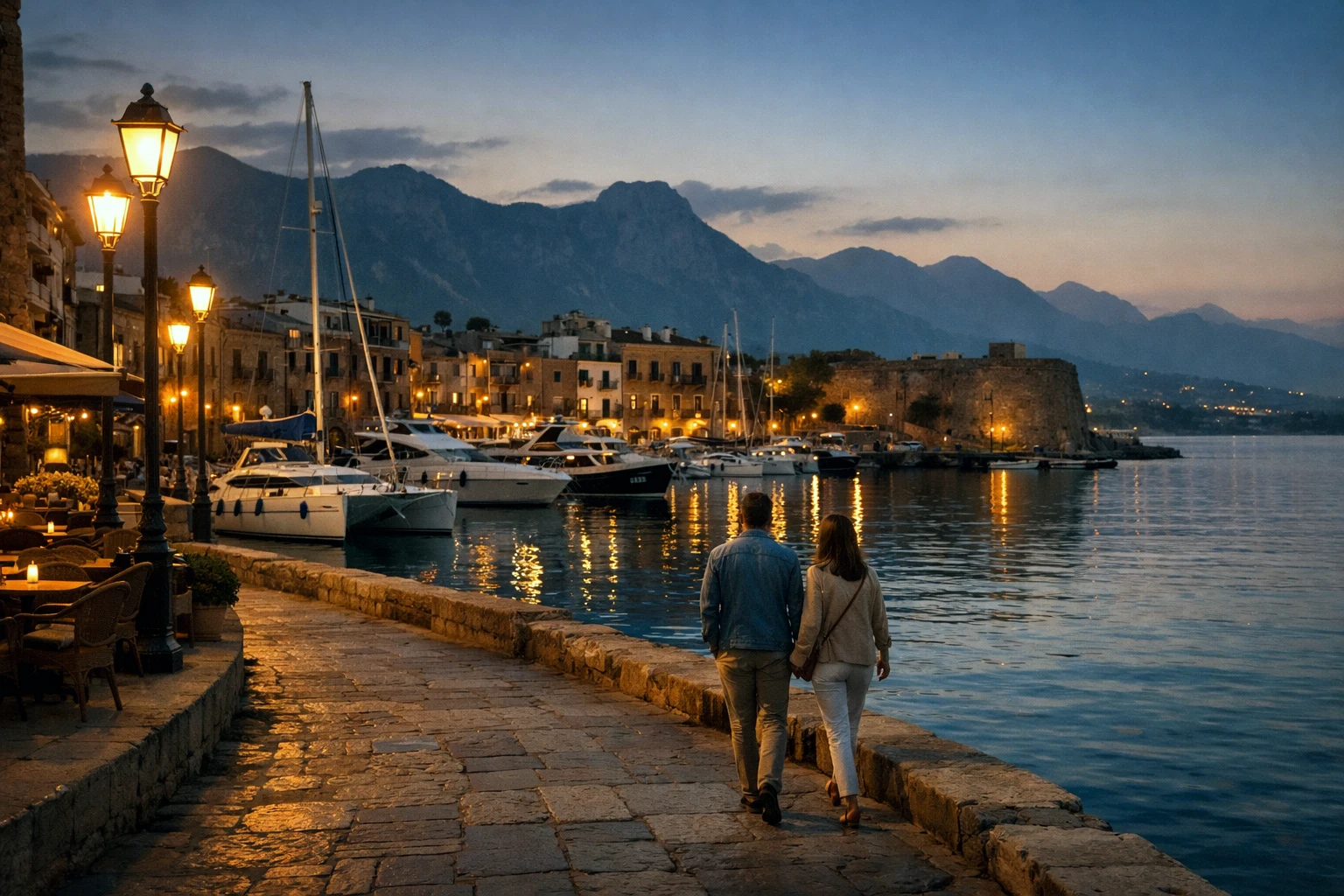 North Cyprus harbor walking couple